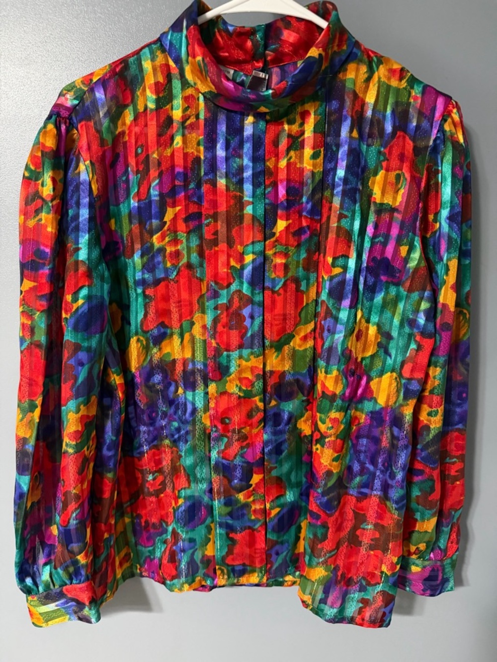 Vintage Vibrant Multi-Color Floral Mock Neck Blouse